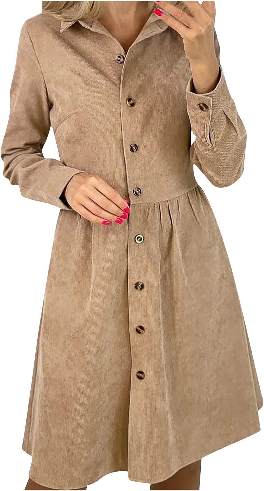 SumLeiterWomen's Corduroy Dresses Casual Dresses Swing Long Sleeve Shirt Dress Single Breasted Blouse Dress Elegant Long Shirt Autumn Linen Tunic Dress Mini Dress Vintage Shirt Dress Winter Dress