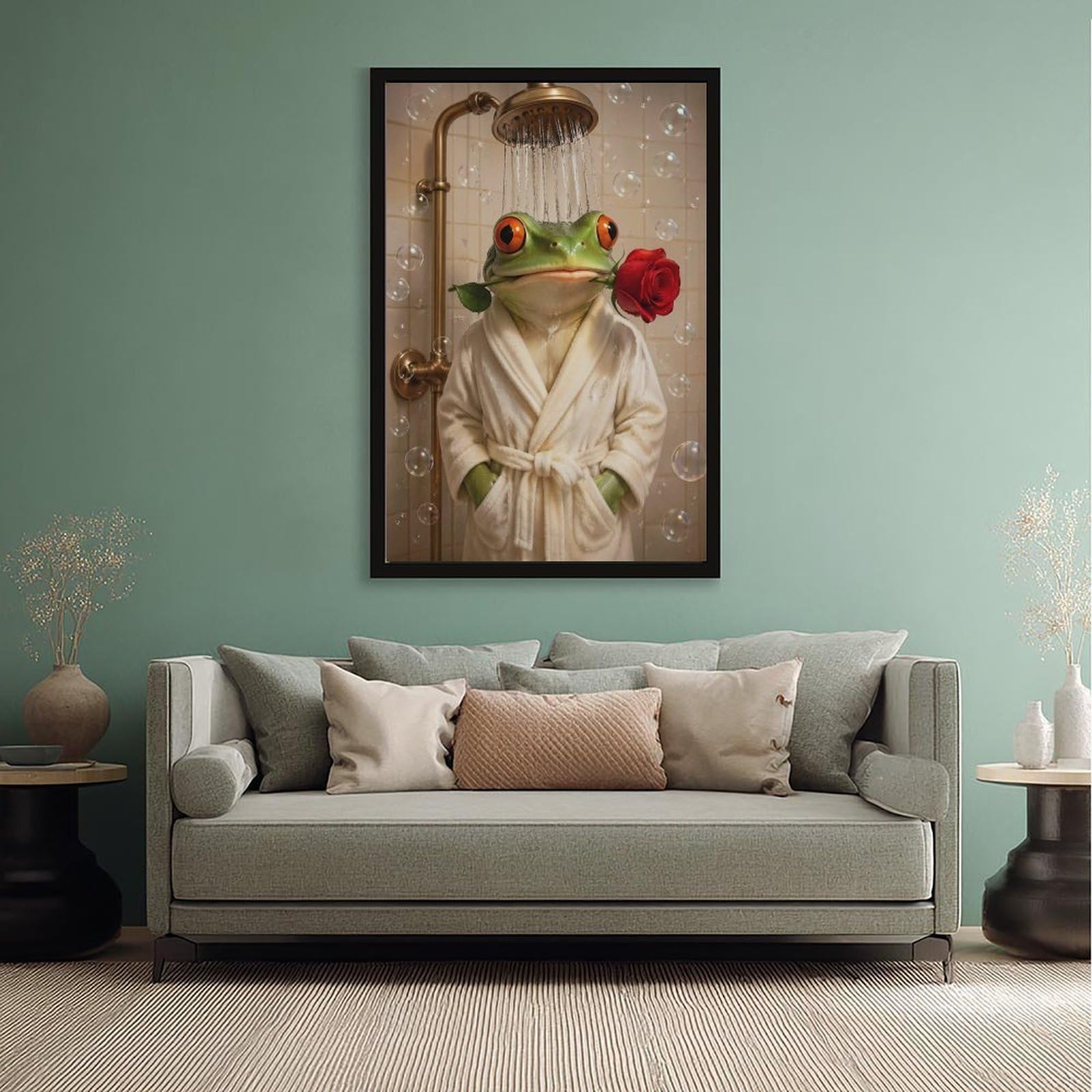 Lustiger grüner Frosch im Bademantel, Dusche mit roter Rose, Leinwand-Kunstposter, sprudelnd, skurriles Tierporträt, humorvolle Neuheit, Dekoration für Badezimmer, Toilette, Puderzimmer, schwarzer