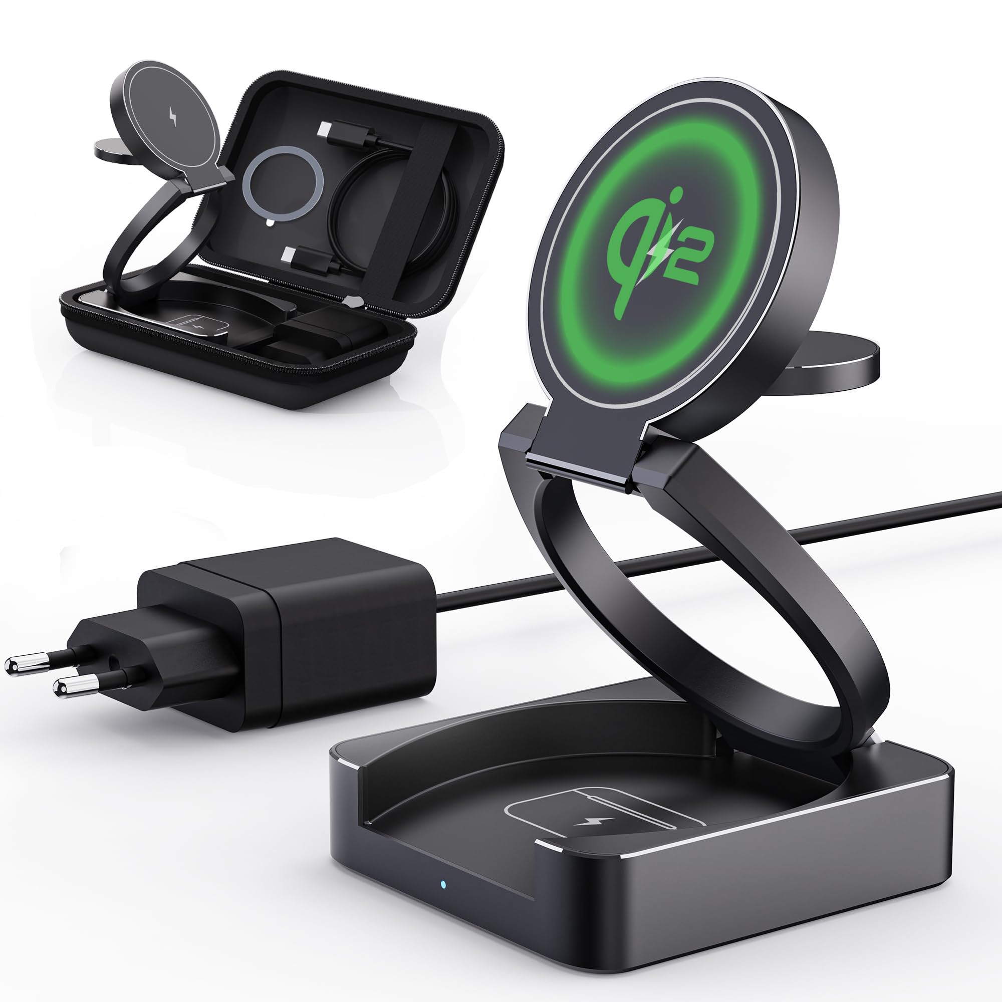 Qi2 Cargador Inalambrico para iPhone, QI2 Cargador Inalámbrica de 15 W, Cargador Inalámbrico Plegable para iPhone 15 Pro MAX 14 13 12, Apple Watch S10 9 8 7 6, Airpods 4 3 Pro2 [con 27W Adapter]