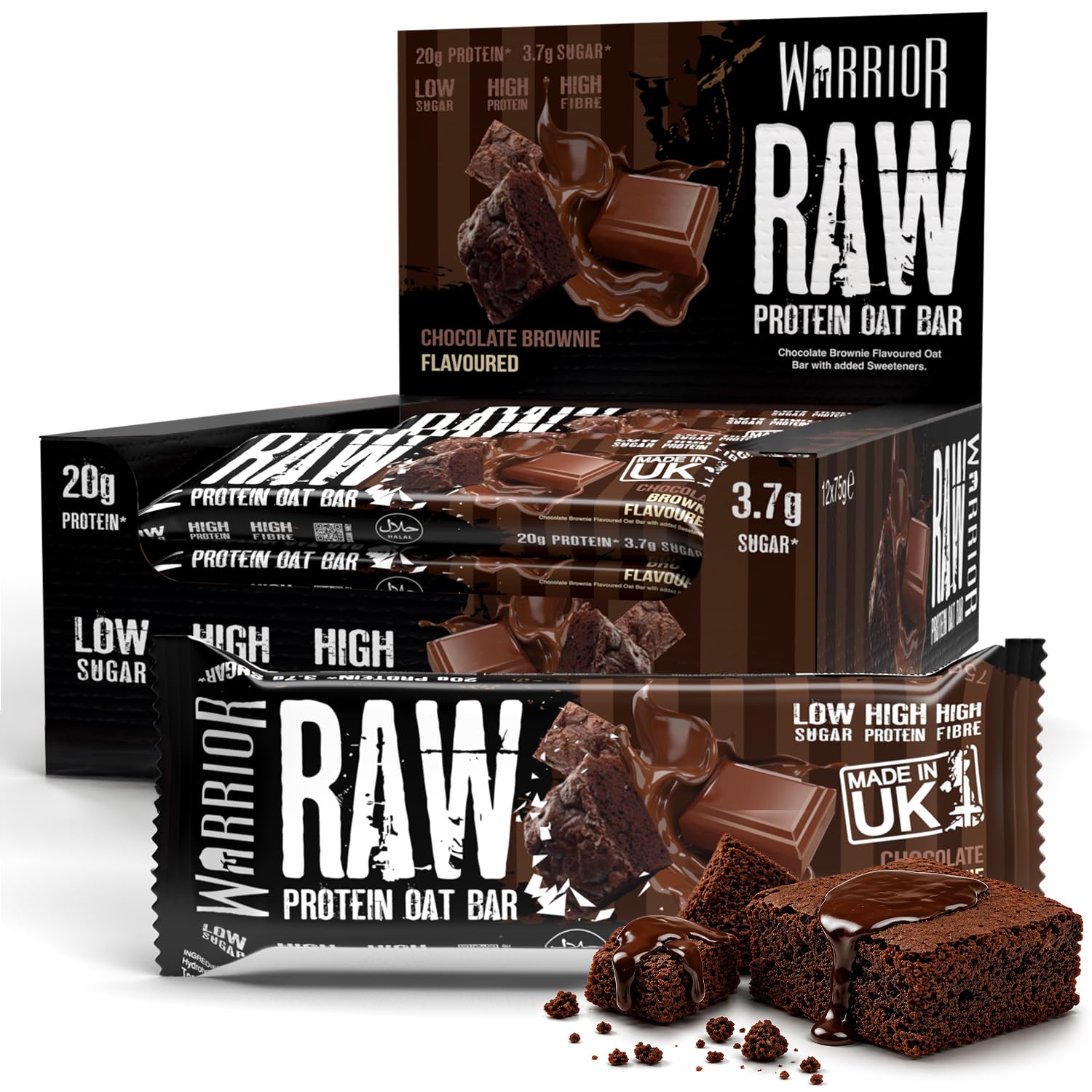 Warrior Raw batonik proteinowy 12 x 75 g – bogaty w błonnik batonik owsiany z białkiem, przekąska z wysokim proteinem bez cukru, naturalny batonik owsiany z prebiotykami – czekoladowe brownie
