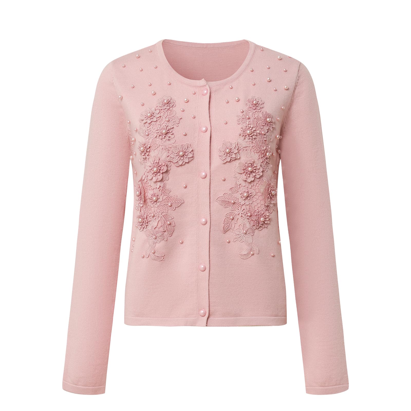 Womens Long Sleeve Slim Cardigan Lightweight Round Neck Button Flower Cardigan