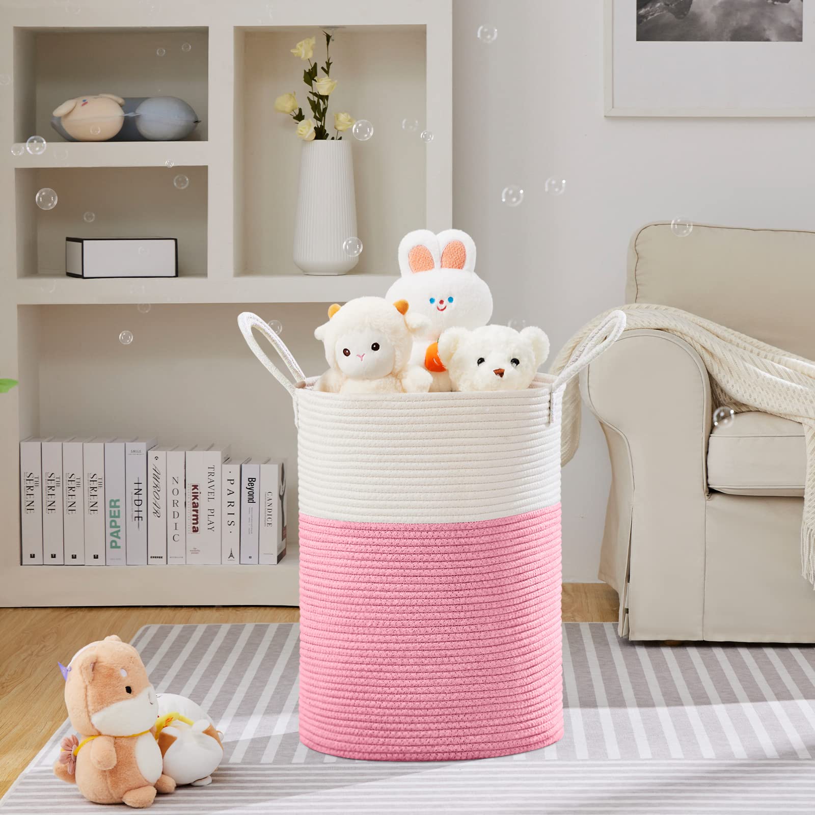 Viposco Grande cesto portabiancheria alto in corda intrecciata per coperte, giocattoli, vestiti sporchi in soggiorno, bagno, camera da letto, 100 l, rosa e bianco