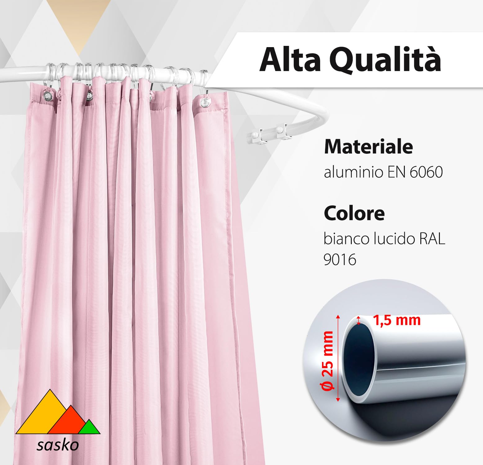 Sasko Asta Per Tende Da Doccia Curva A L 90x90 Cm - Stabile Binario In Alluminio Bianco, Installazione Senza Staffa A Soffitto, Protezione Dall'Umidità