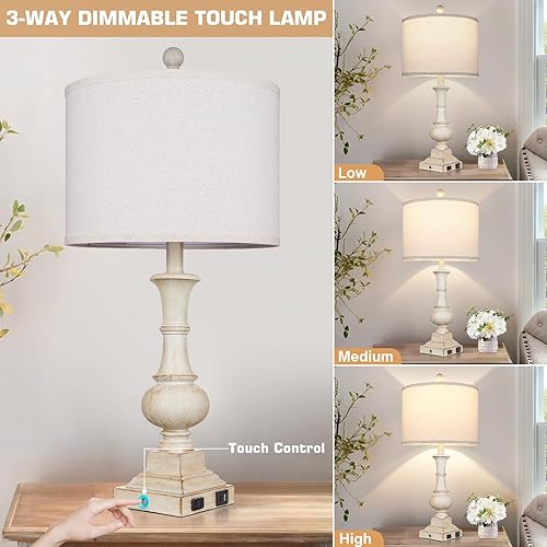 Miniatura 5 de 26" Farmhouse Table Lamp, Vintage Rustic Touch Control Bedside Lamp with 2 USB Ports & AC Outlet, Boho Resin 3-Way Dimmable Nightstand Lamp Linen