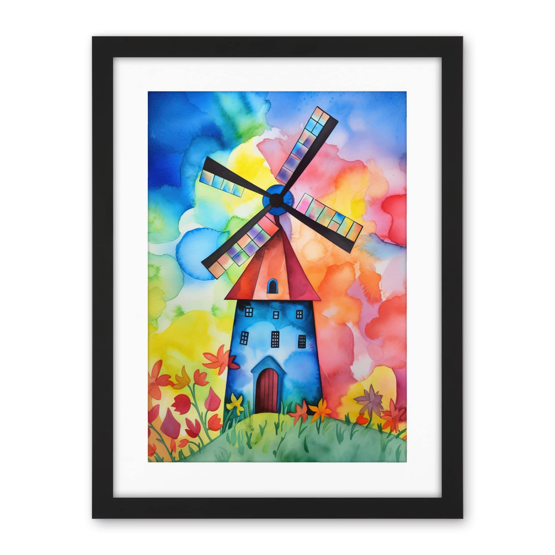 Artery8 Watercolour Windmill Netherlands Folk Art Artwork Framed Wall Art Print 18X24 Inch