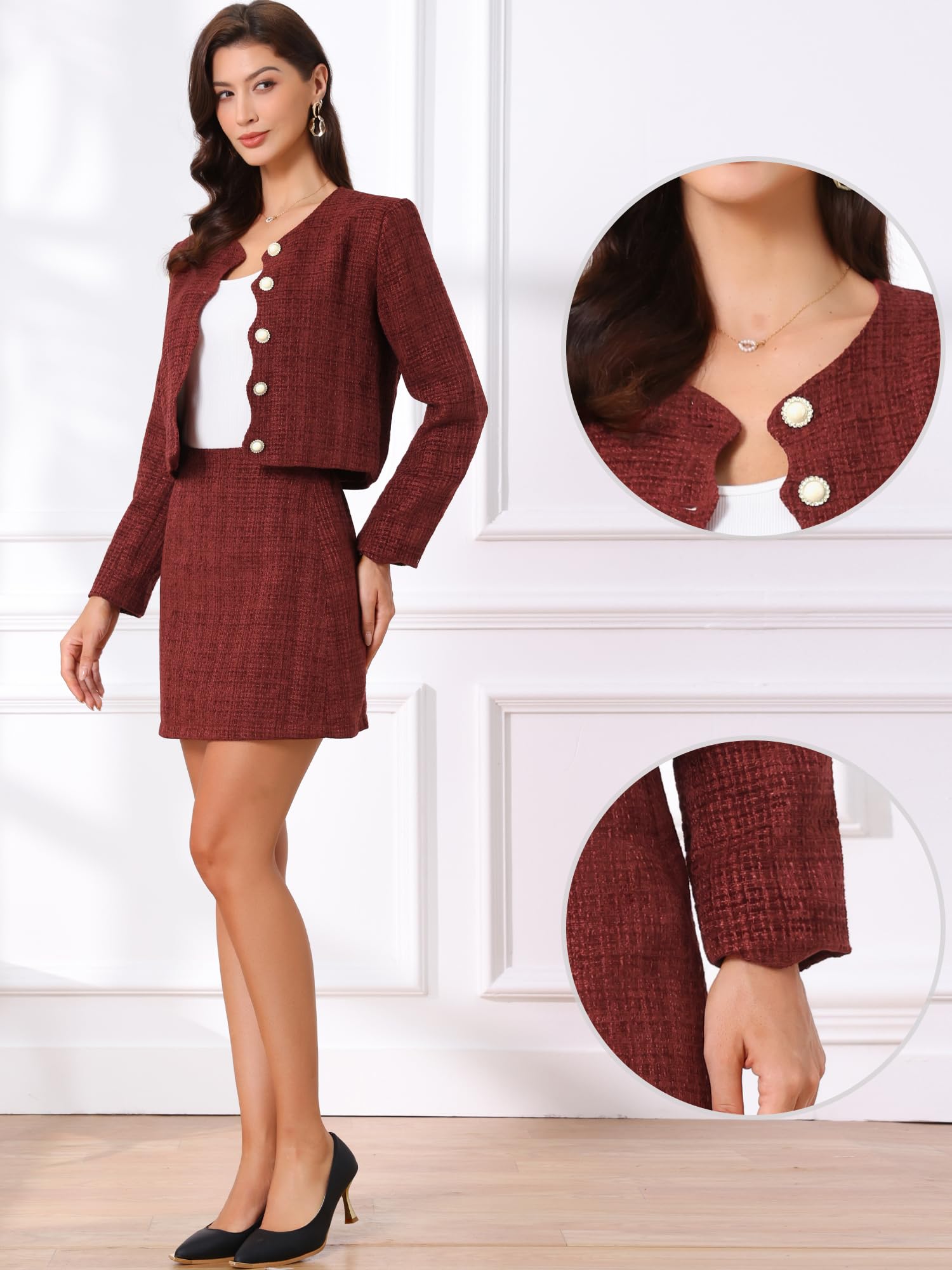 Allegra K Set blazer in tweed da donna, elegante, da lavoro, 2 pezzi, blazer e gonna