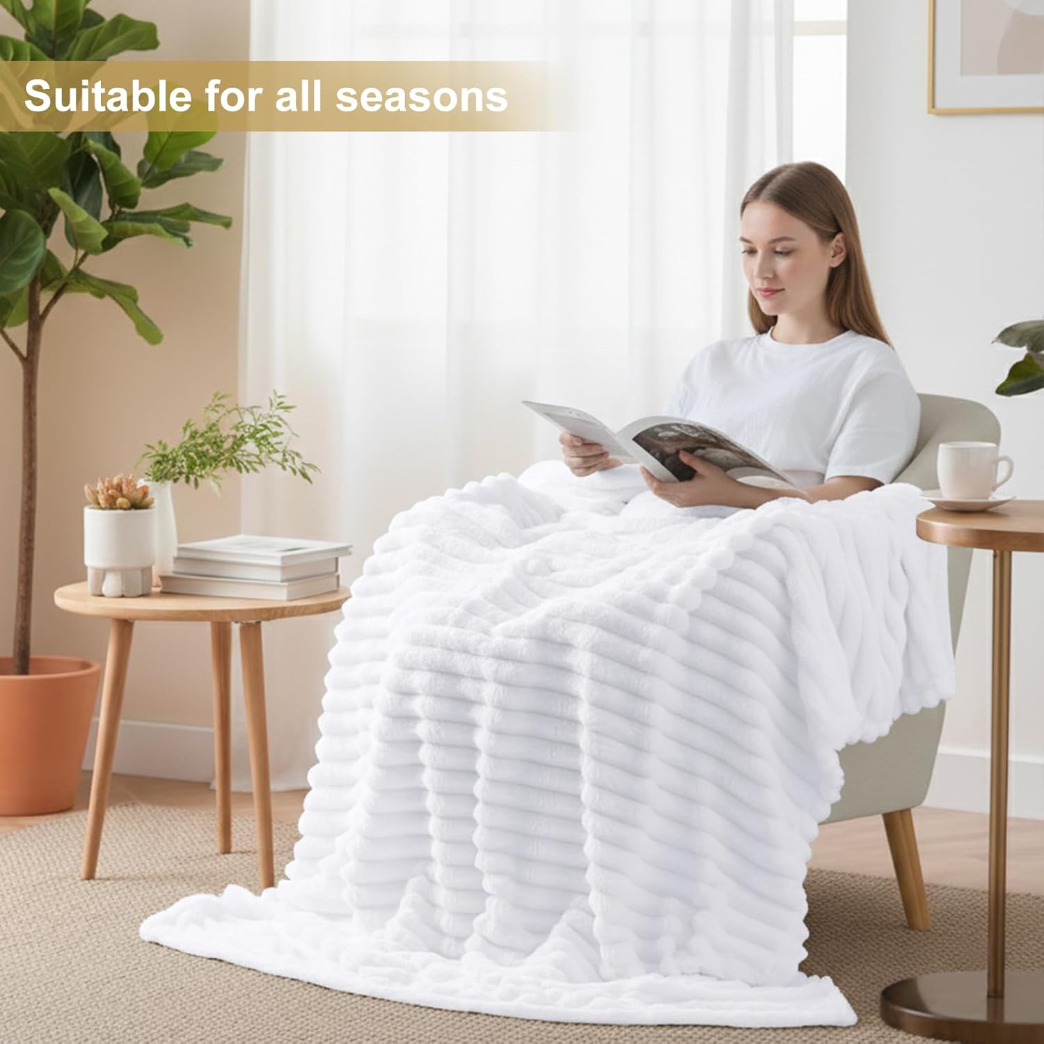 decorUhome Soft Fleece White Blanket King Size for Bed, Cozy Fluffy Plush Flannel Large Striped Throws for Couch Sofa, Lightweight Decorative Fuzzy Blanket for Woman, 108x90 Inches - Image 7