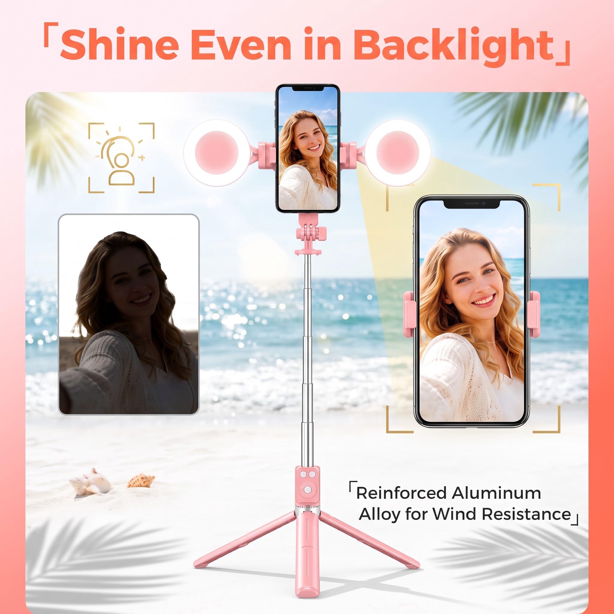 1.7m Bastone Selfie Treppiede con Luce, Cavalletto Telefono per Registrazione Video Compatibile con iPhone e Android Smartphone, Tripod Selfie Stick per TikTok YouTube Rosa