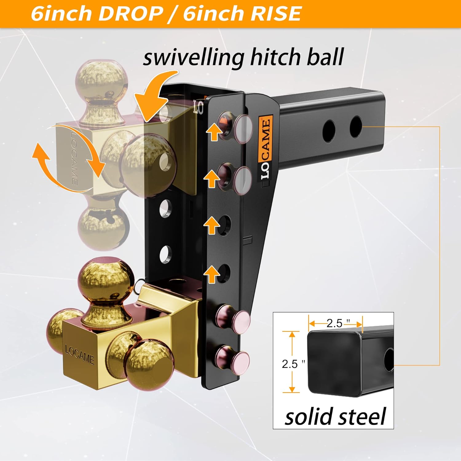 LOCAME Adjustable Trailer Hitch, Tri-Ball (1-7/8" , 2", 2-5/16"), Fits 2.5-Inch Receiver, 6 Inch Drop/Rise Cushion Drop Hitch ,16500 LBS GTW--Tow Hitch for Heavy Duty Truck, Solid Ball Mount, LC0044 : Automotive