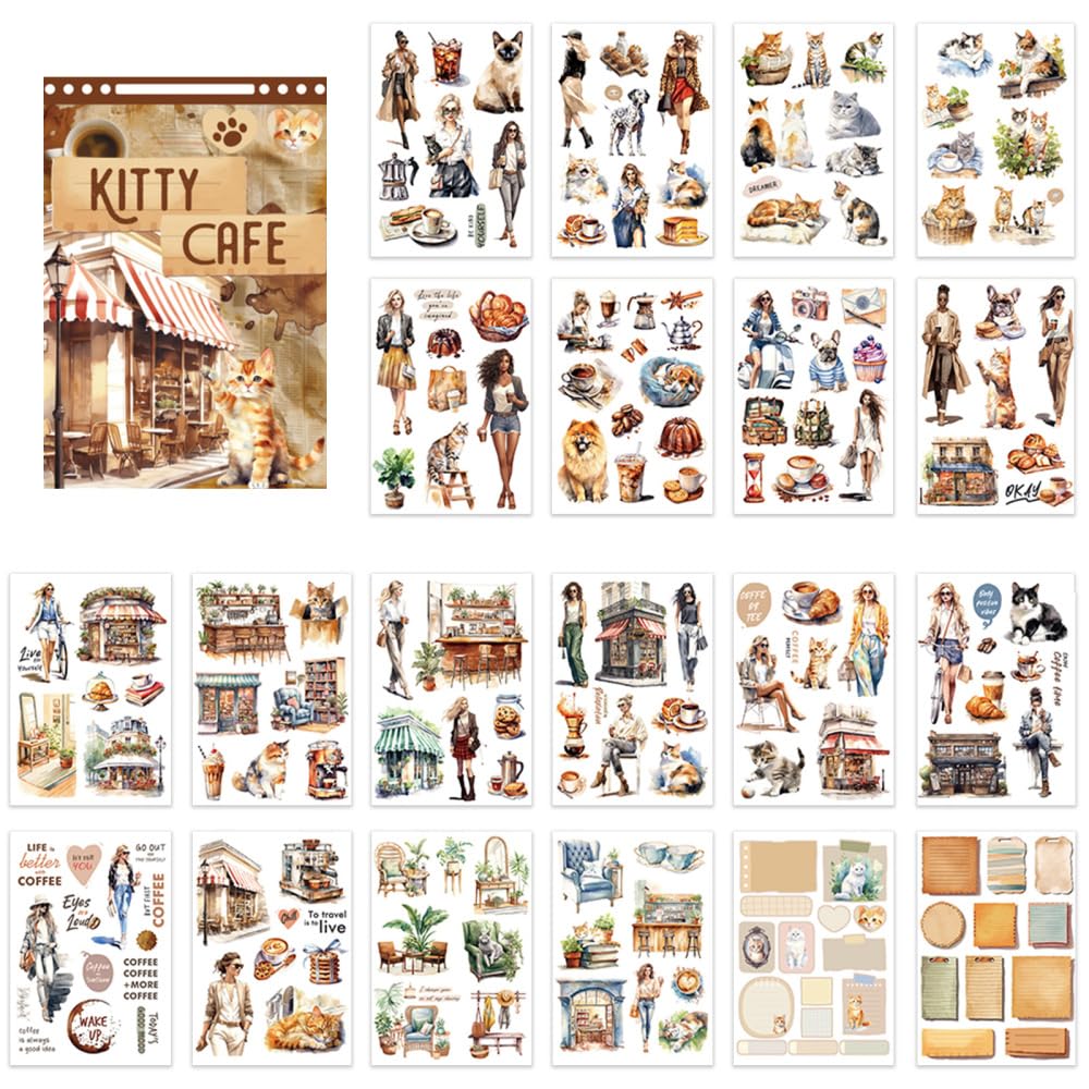 Scrapbook Stickers, 20PCS Journaling Sticker Book Pre-Cut Garden Kitty Cafe Countryside Stickers for Scrapbooking DIY Crafts Journal Ephemera