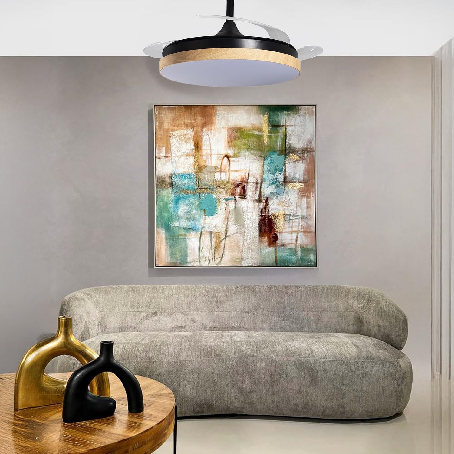 DRW Lampara Ventilador de Techo Negro y Madera con aspas retractiles 3 Colores de Luces y Mando a Distancia Ø106x36-53 cm