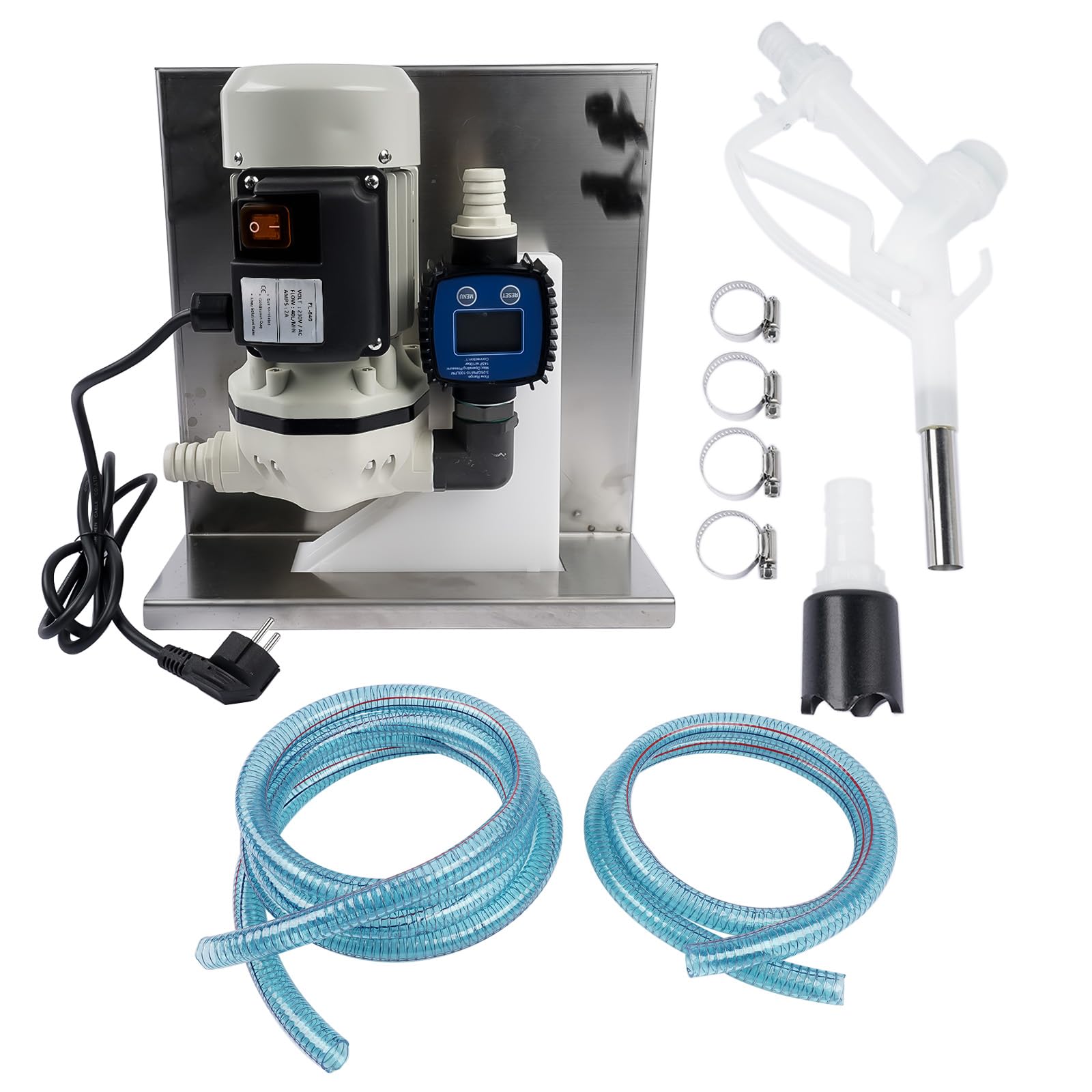 Bisenya 230V 40LPM Bomba AdBlue Bomba de Urea Bomba de Diafragma con Soporte de acero Inoxidable, Caudalímetro, Manguera y Boquilla