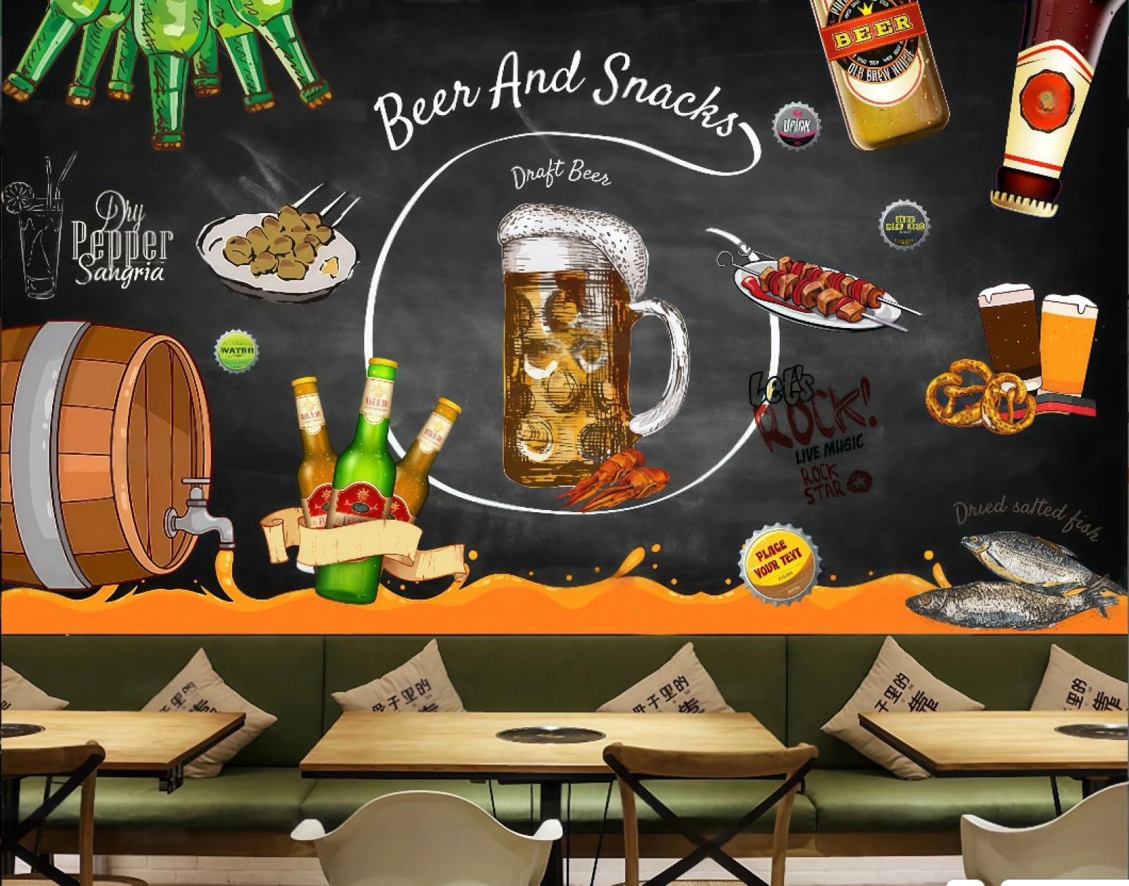 Xdoubao 3D Wallpaper Retro Nostalgic Hand-Painted Blackboard Bar Barbecue Gourmet Coffee Shop Background Mural Western Restaurant Wallpaper,,300X210cm