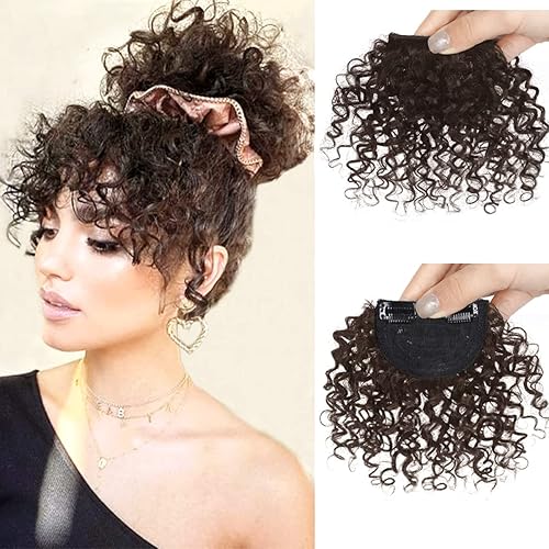 Miniatura 5 de Extensiones de cabello rizado Afro Kinly con clip, fleco de fleco falso natural, flequillo corto y rizado, cabello humano con clip, pieza de cabello