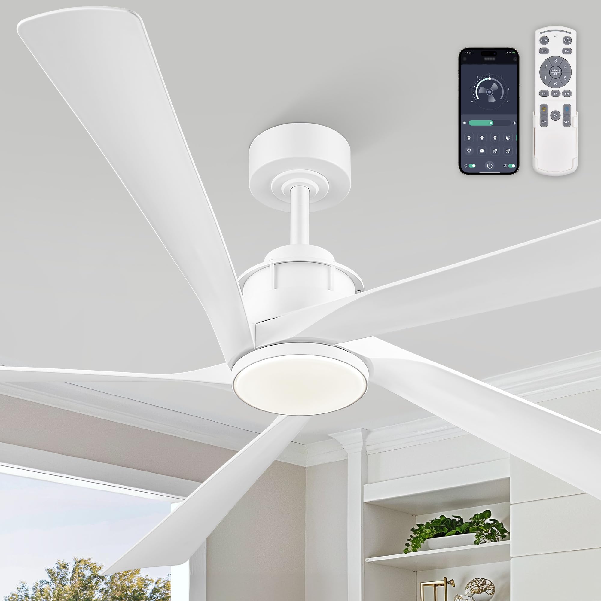 64 Inch Ceiling Fans with Lights and Remote,Smart Ceiling Fan with APP Control,Reversible DC Motor,Dimmable,5 ABS Blades,White Indoor/Outdoor Modern Low Profile Ceiling Fan with Light