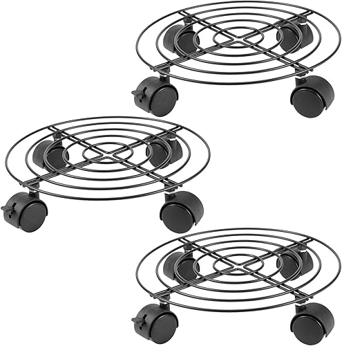 KEILEOHO Paquete de 3 organizadores de metal para plantas de 10.6 pulgadas con ruedas, soportes resistentes para plantas, soporte rodante para