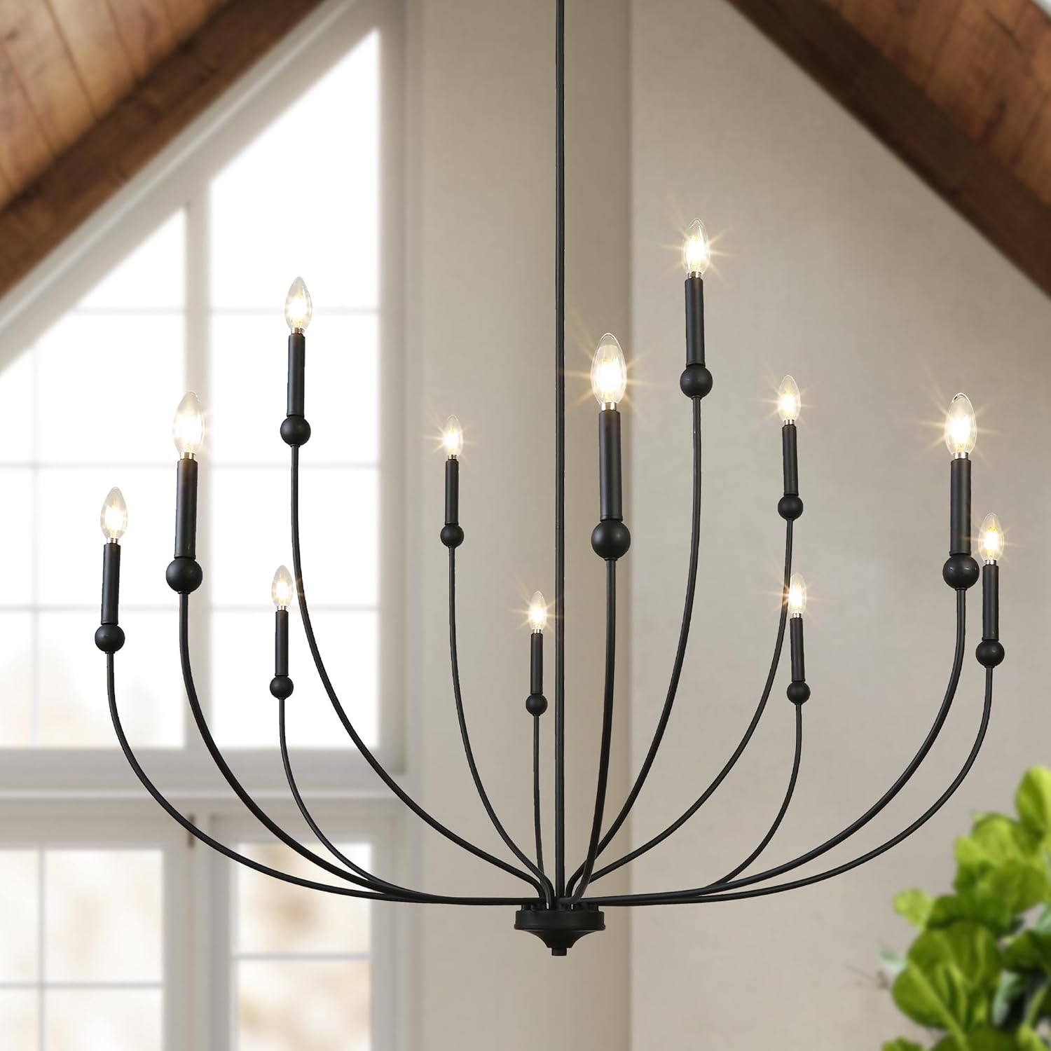 KSANA Large Black Chandelier, 12-Light 49” Modern Farmhouse Candle Branch Chandelier for Dining Room, Kitchen Island, Foyer, Living Room & High Ceilings
