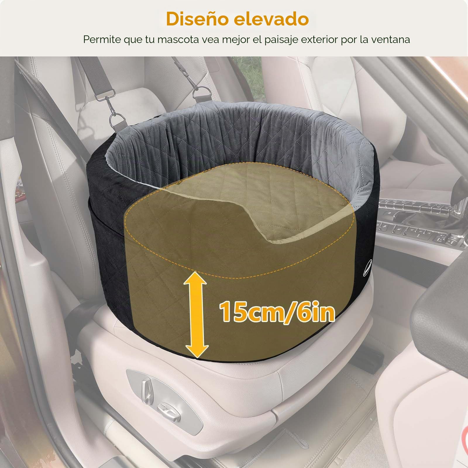 Pecute Asiento de Coche para Perros Pequeños y Medianos, Transportin Asiento Elevador para Perros con Bolsillos de Almacenamiento y Cojín 15cm, Silla Cama de Viaje para Mascotas,hasta 13,6 kg