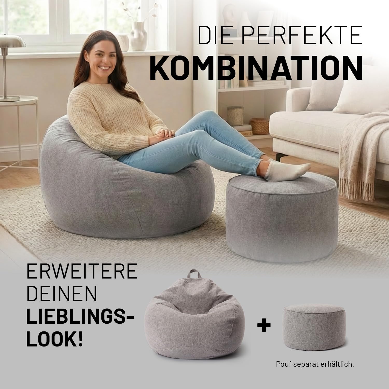 Lumaland Sitzsack Comfort Line | Indoor Beanbag 80x90x50cm mit mehr als 1,5 Mio. anpassbaren EPS-Perlen | Weiches & Komfortables Bodenkissen | Sessel für Kinder & Erwachsene | 185 L Volumen [Hellgrau]