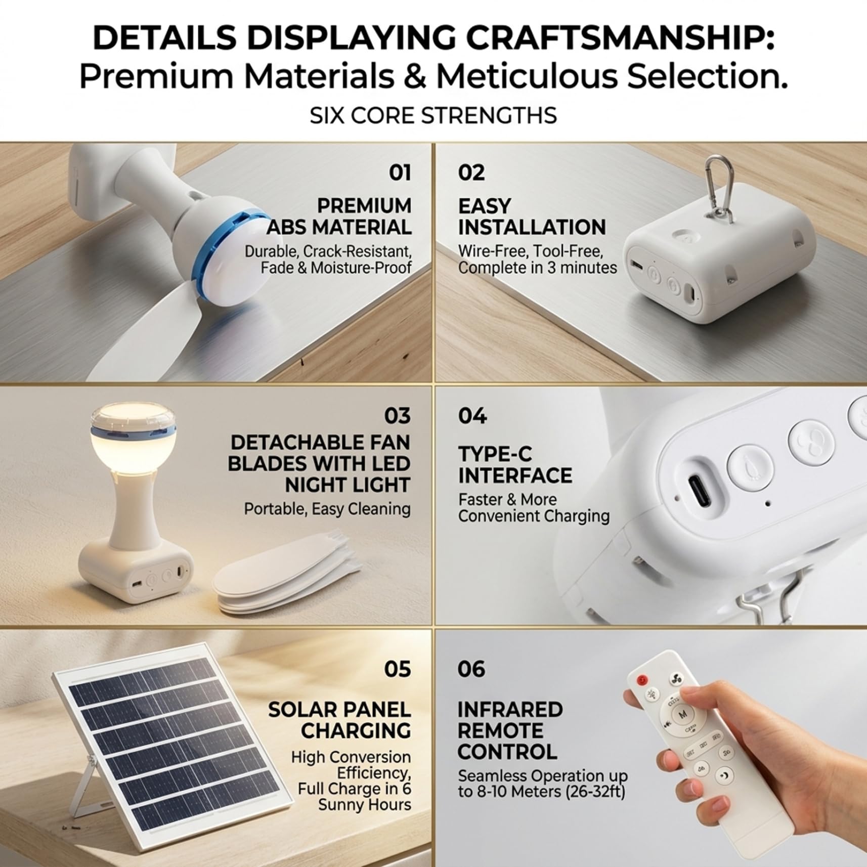 Ventilatore da soffitto solare con telecomando, ventilatore da soffitto portatile con batteria da 6000 mAh, pannello da 6 W per uso interno ed esterno in dormitorio, patio, campeggio, bianco