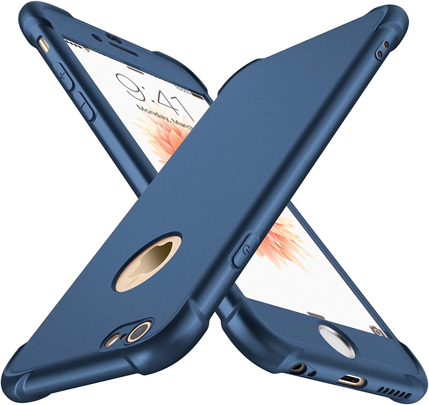 ORETECH Compatible with iPhone 6/6s Case with [2 Pack 9H Tempered Glass Screen Protector] 360 Shockproof Ultra-Thin Anti-Scratch Hard PC Silicone TPU Bumper Rubber Phone Case Cover - Blue