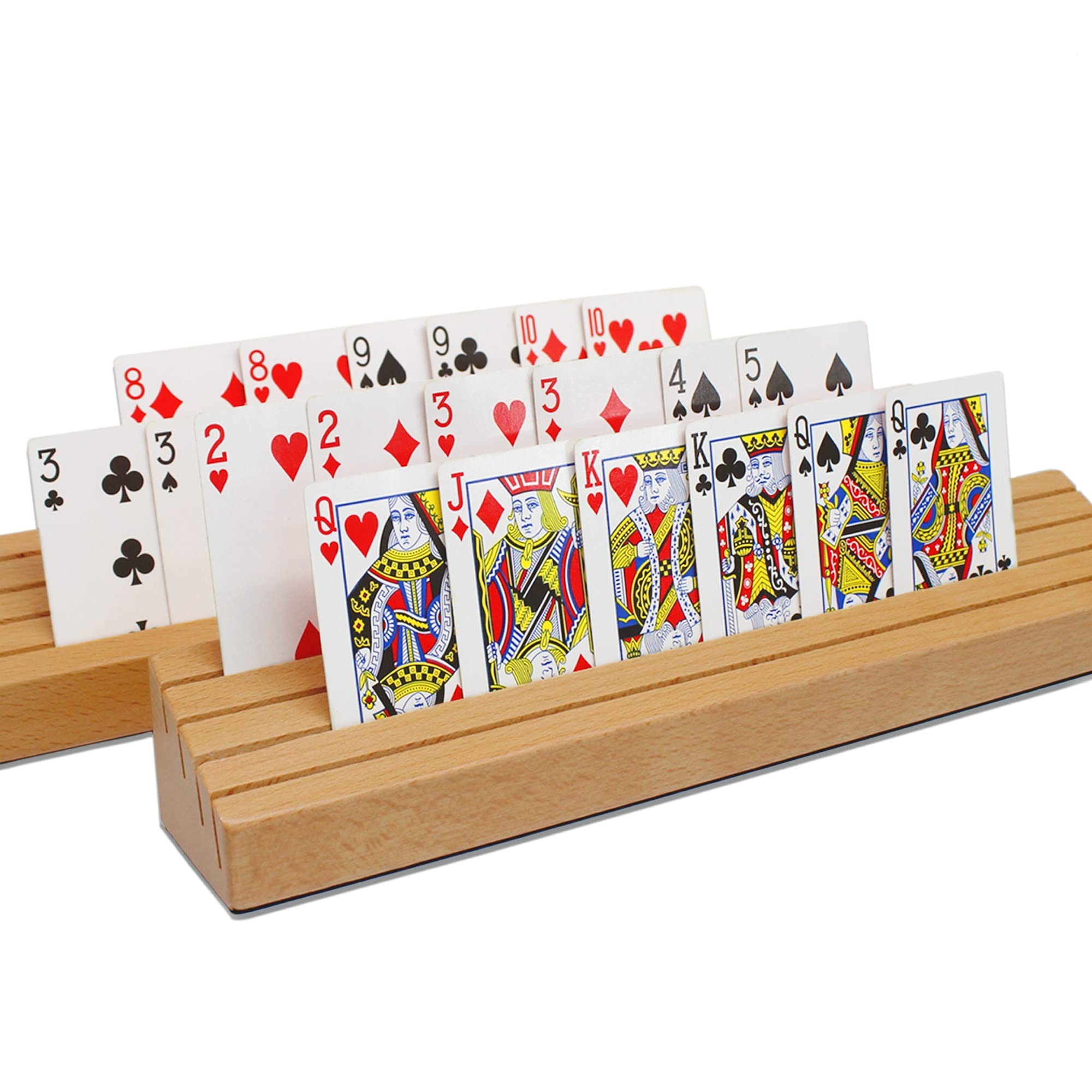 VINJOE Premium Solid Beechwood Playing Card Holders - Accessories with Five Crowns Card Game - Card Holder for Kids Elder and Elder - Set of 2 (13.7x2.04x2.2 inch)