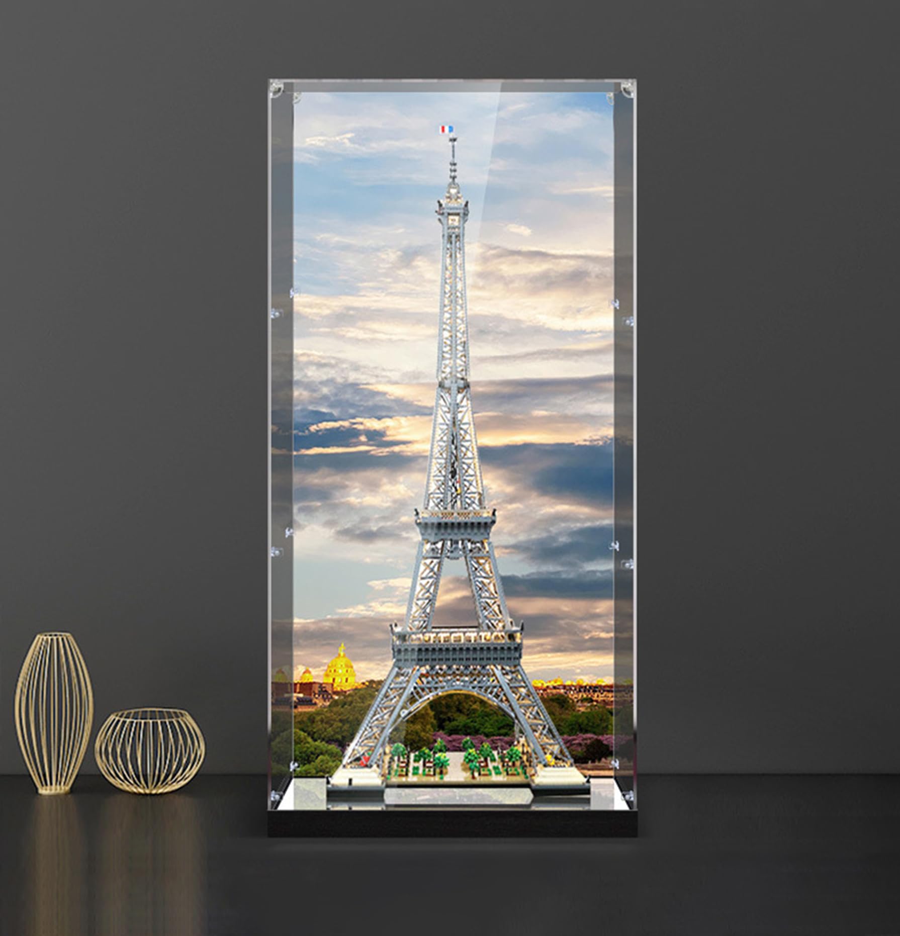 XNSHENGXAN Acrylic Display Case Compatible to Lego Paris Eiffel Tower#10307 (23.6*23.6*61in), Display Cases for Collectibles, Sturdy Protection for Your Collectible,Mirror+Background,3MM