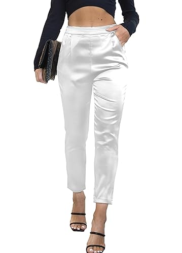 heipeiwa Women's Satin Pants Dress Casual Pleated Pull on High
