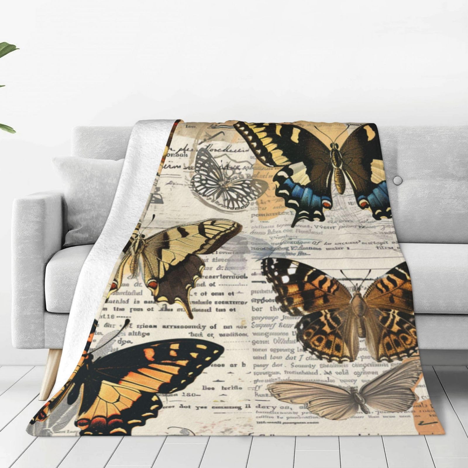 Mexpekil Fleece Throw Blanket Super Soft and Warm Blankets Vintage Retro Flower Butterfly Newspaper Lightweight Fluffy Plush Bed Blanket for Bedding Sofa Chair Camping, All Season Use 80"x60"