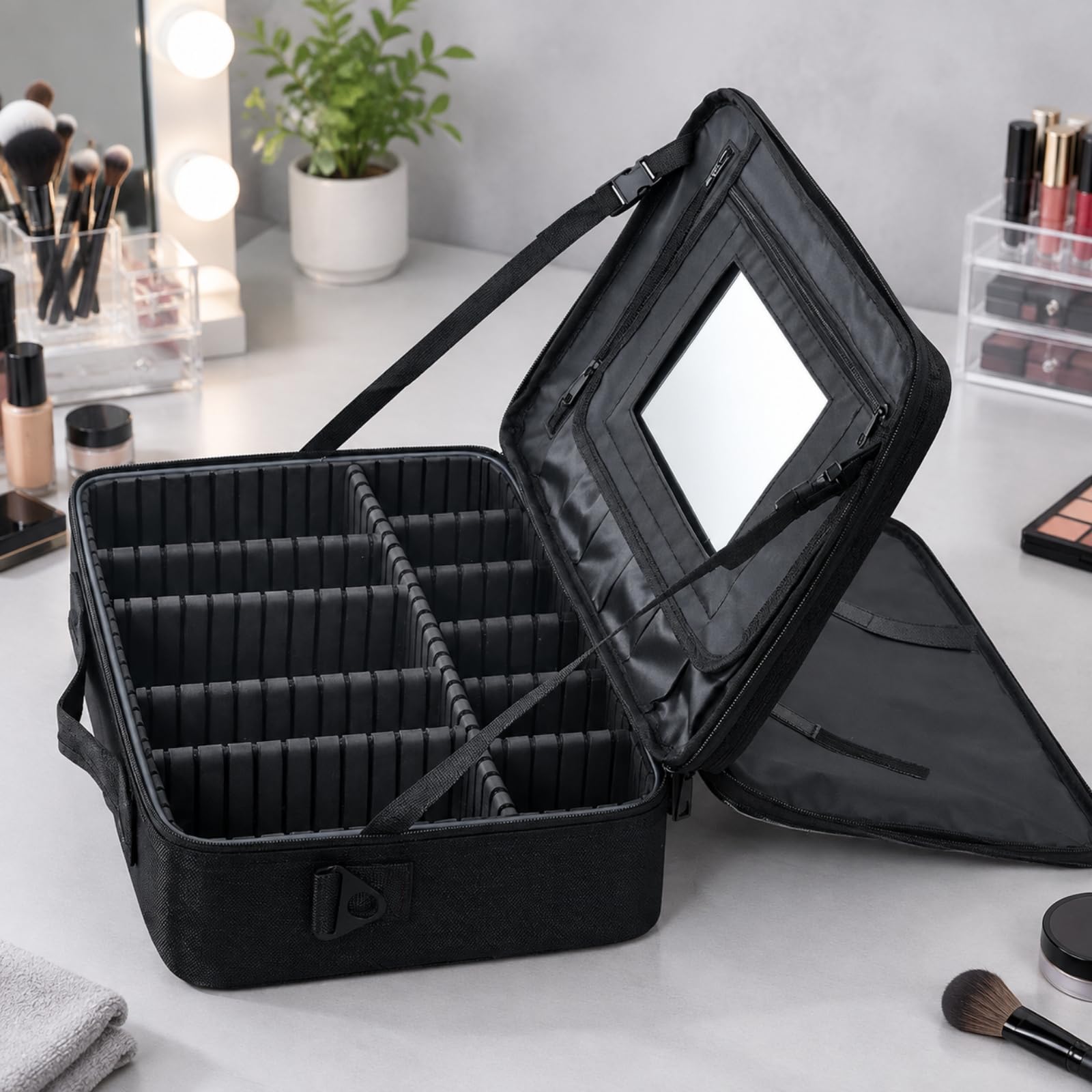Make-up mit Spiegel vstellbare Fäch Schmink aus Oxford-Gewebe tragbar Reise-Make-up-Tasche mit Schultgurt für Visagisten, Offstage