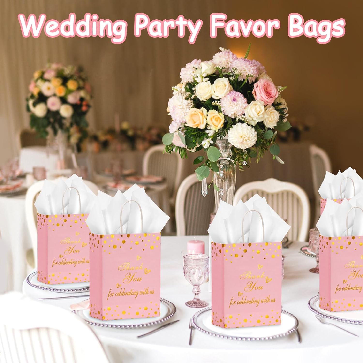 50Pcs Thank You Gift Bags with Tissue Paper, Thank You Paper Kraft Bags Bulk with Handles, Wedding Baby Shower Party Favors Bags for Guests Business Shopping Birthday Bridal Return Souvenirs (Pink) - Image 5