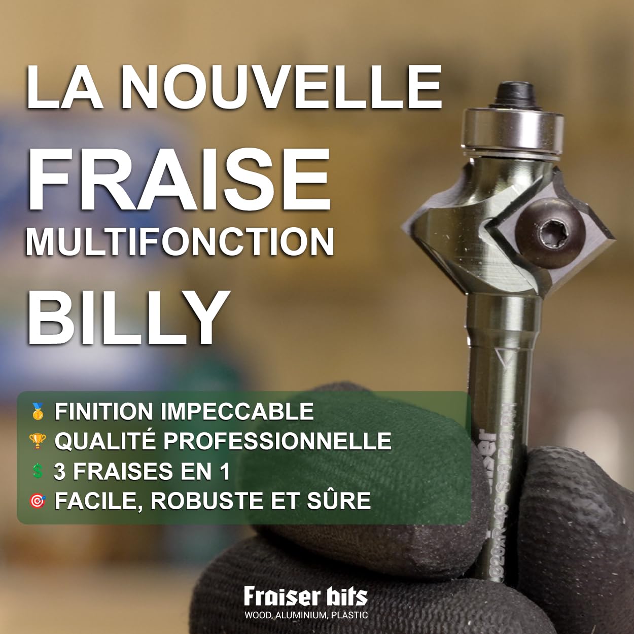 Fraiser Billy - fraise 3-en-1 pour chanfreiner 45°, rayon concave 3mm et rainures en V 90°, queue 8mm, plaquettes réversibles, avec roulement - pour bois et dérivés, défonceuse et table de fraisage
