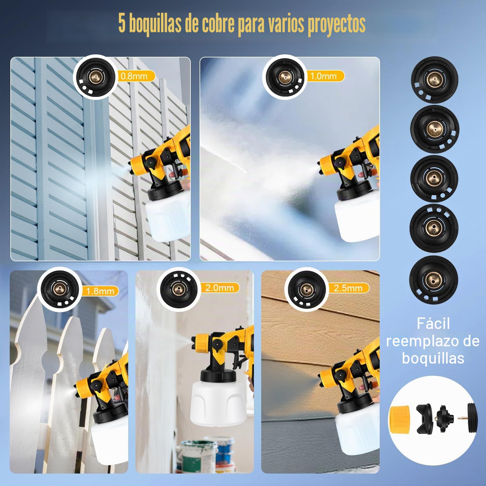 Pistola de Pintura Eléctrica HVLP 800W, 1400ML con Gatillo Bloqueable para Uso Continuo, 4 Boquillas & 3 Patrones para Paredes Vallas Muebles Techo, Sistema de pulverización de pintura2