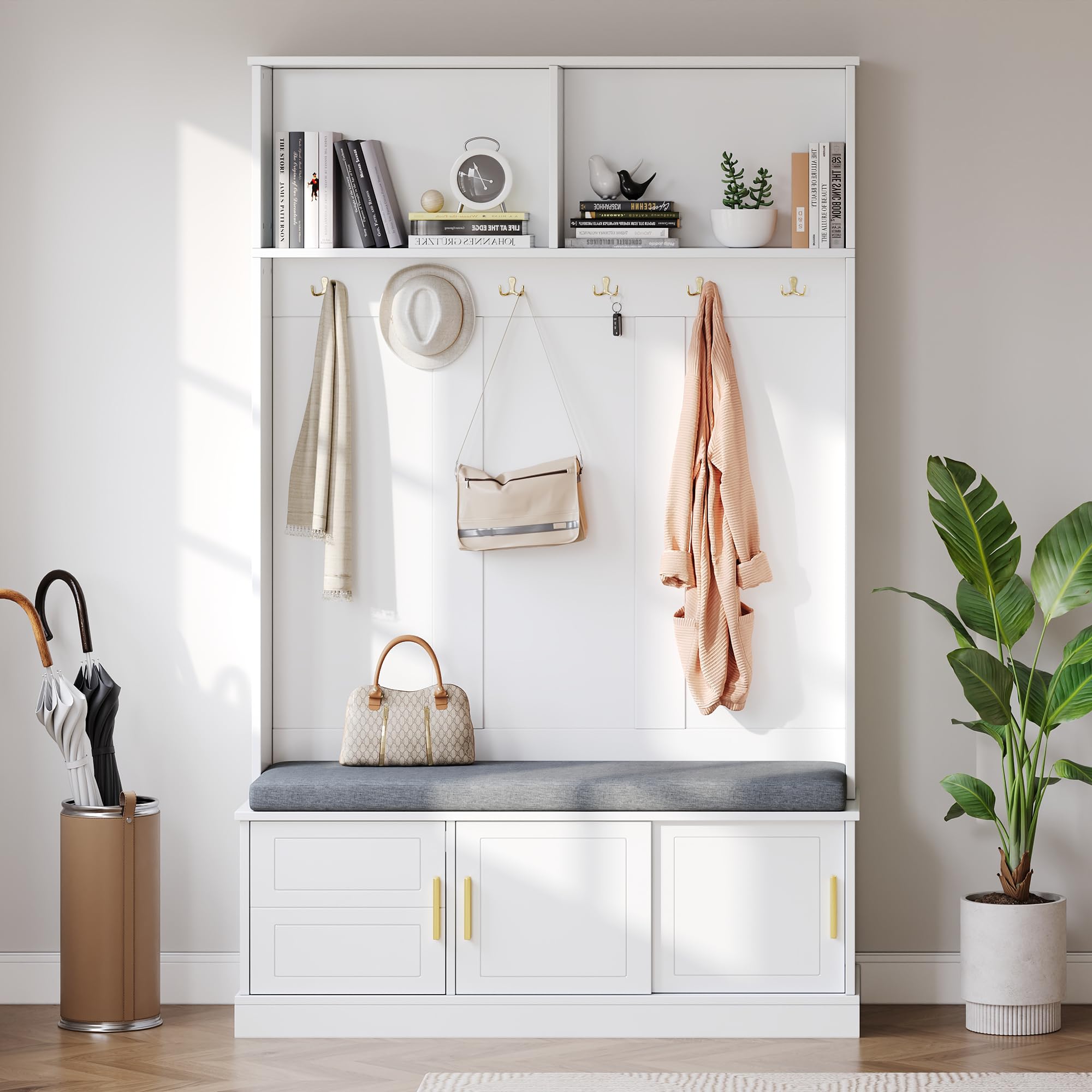 Vestiaire D'EntréE avec Banc Et Rangement à Chaussures, Meuble D'EntréE avec 6 Crochets Triples, Porte-Manteau Multifonctionnel en Bois avec Tabouret Rembourré pour L'EntréE Ou Le Couloir