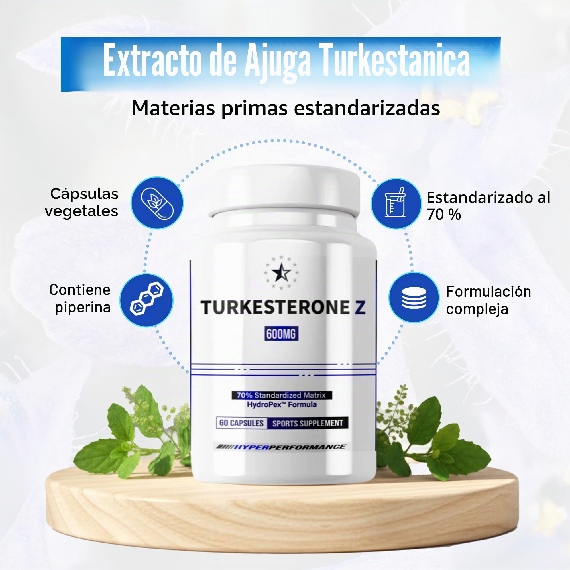 Turkesterone 70% - Supreme con HydroPex - 60 cápsulas veganas (600mg/capsula) - turkesrerona de alta concentracion - extracto de ajuga turkestanica- marca europea Apex