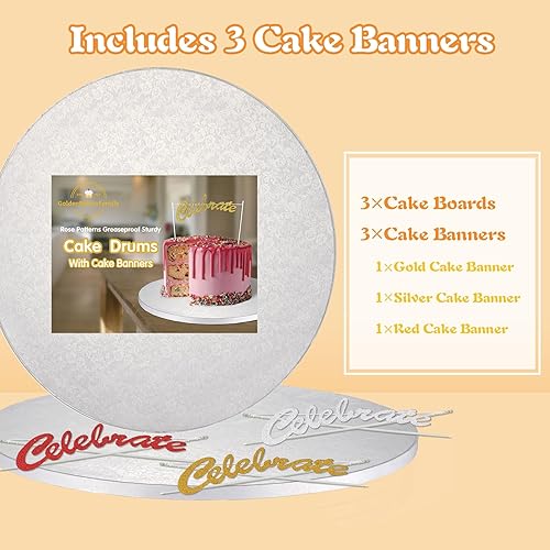 Miniatura 6 de Tambores para tartas de 14 pulgadas con pancarta, tablero redondo blanco de 12 pulgadas de grosor, resistentes a la grasa para cumpleaños, bodas,