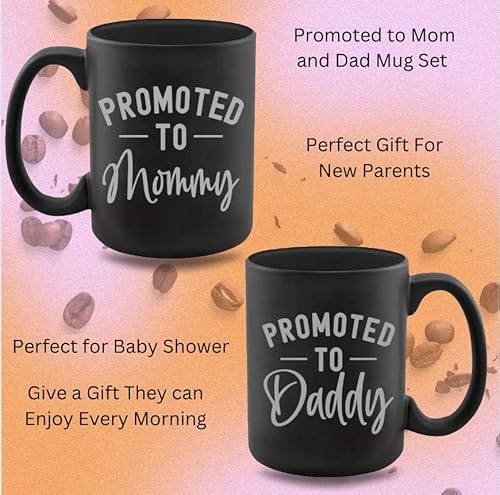 Pregnancy Gift Promoted To Mommy - Promoted To Daddy 11 Oz Mug With Silver Text - Top Mom And Dad Gift Set For New And Expecting Parents To Be - Baby Shower Idea #TOP5