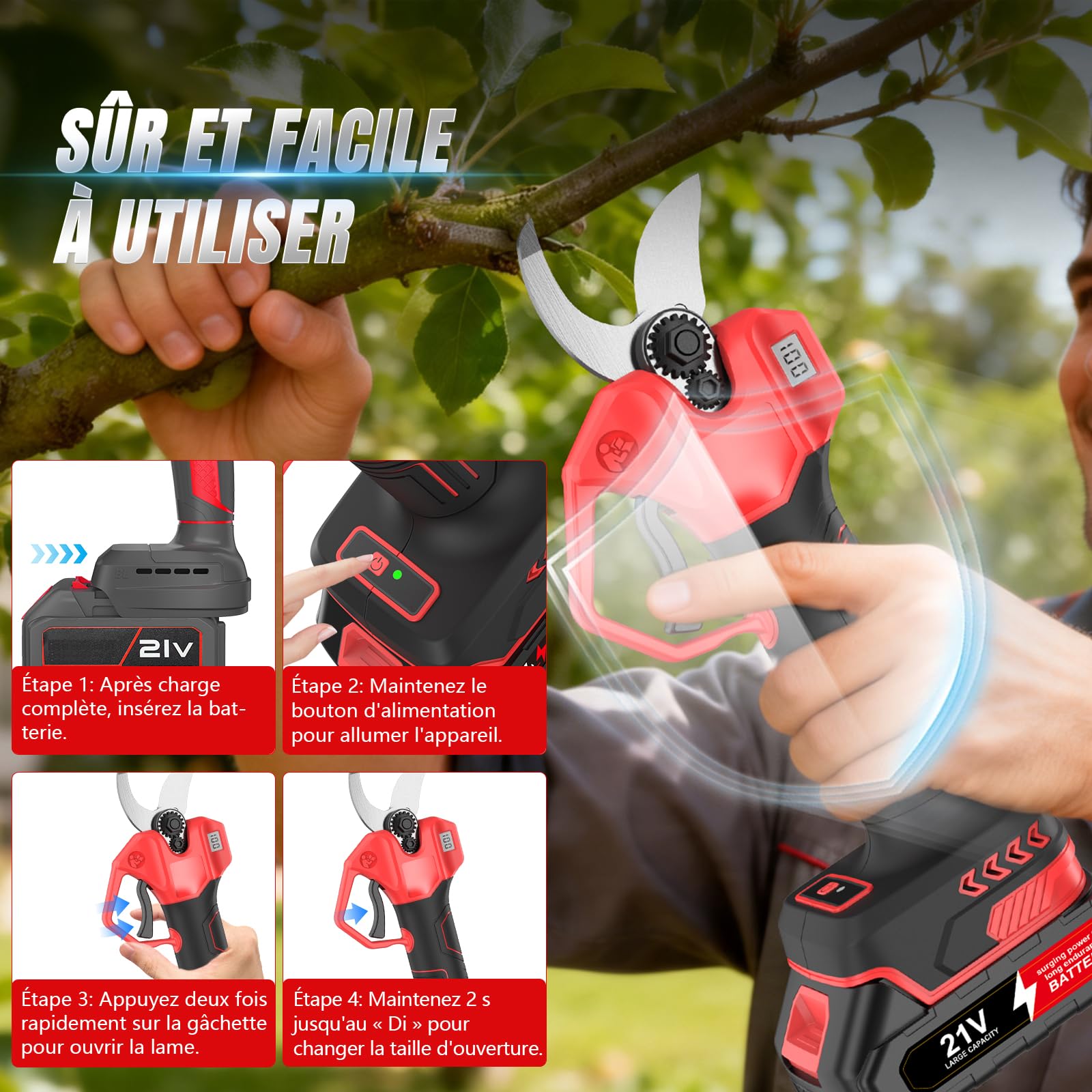 Tijeras de Podar Electricas, Tijeras de Podar 21V con Pantalla LCD y 2x2.0 Ah Baterías, Tijeras de Podar a Batería Ligeras 1.04 kg, Motor sin Escobillas, para Poda de Árboles, Setos y Ramas (40MM)