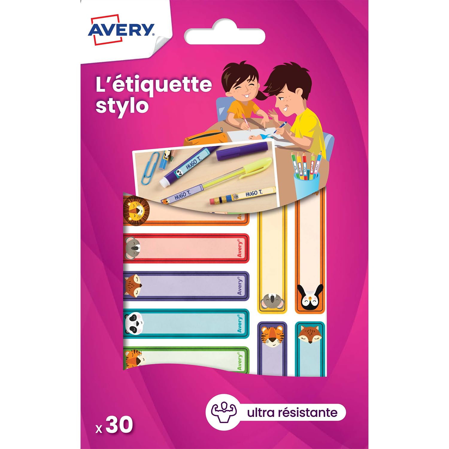 AVERY - Bolsa de 30 etiquetas para bolígrafos, diseño de animales, tamaño 50 x 10 mm