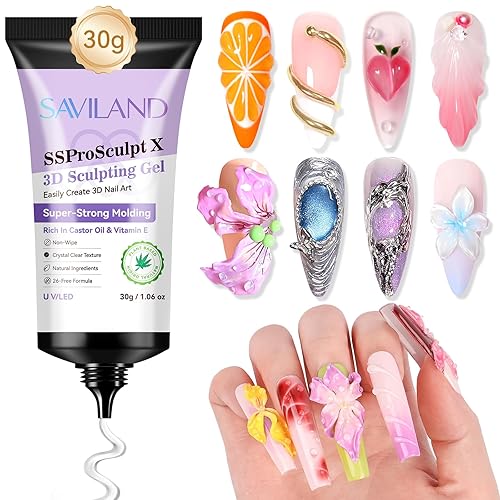 SAVILAND Arte de uñas de gel 3D de 1.06 onzas, gel para esculpir transparente, no se limpia para moldear, tallar, pegamento de diamantes de