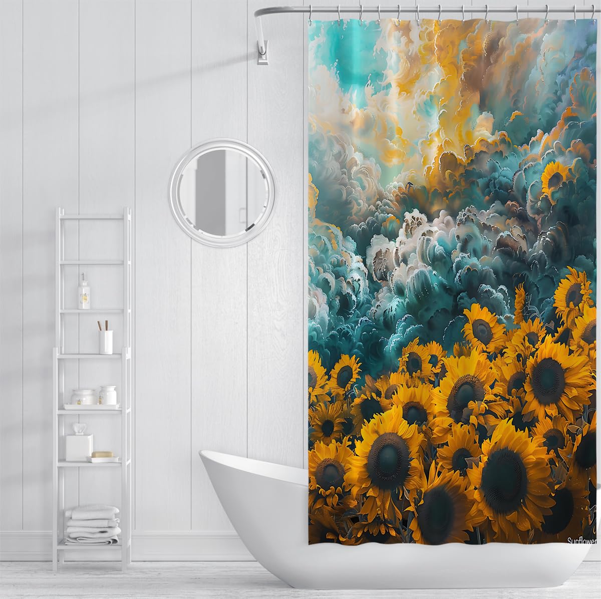 Rideau de Douche Tournesol avec Crochets, décoration Florale Aquarelle Bleu Ciel, Tissu botanique impressionniste Rideau de Baignoire, Tissu imperméable W180xL180 cm