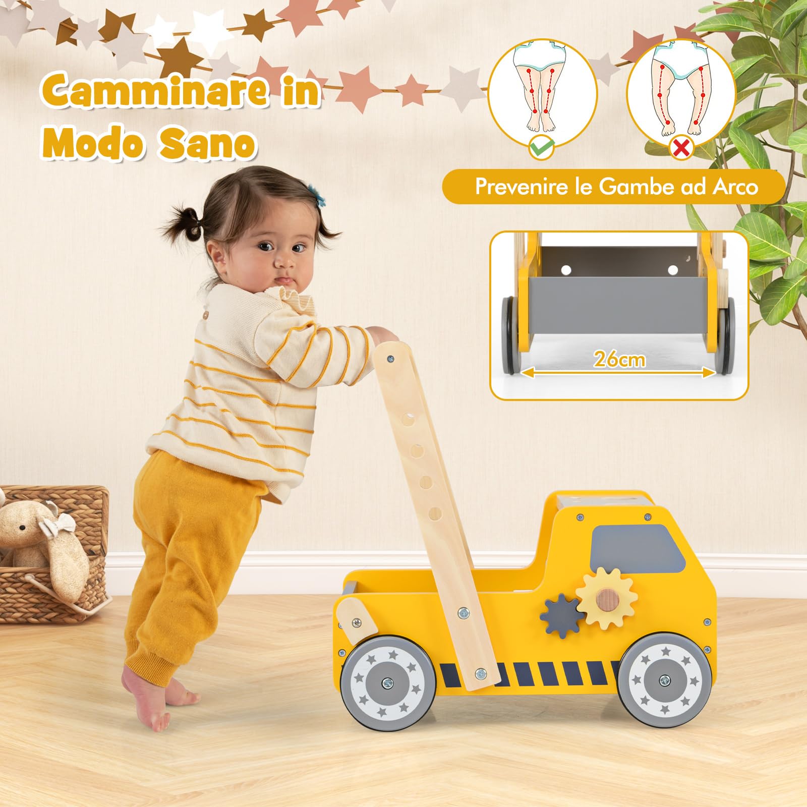COSTWAY 2-in-1 Primi Passi per Bambini con Altezza Regolabile, Girello in Legno con Banco da Lavoro, Carrello da Spinta con Giocattoli Montessori, Velocità Regolabile, Spazio di Archiviazione