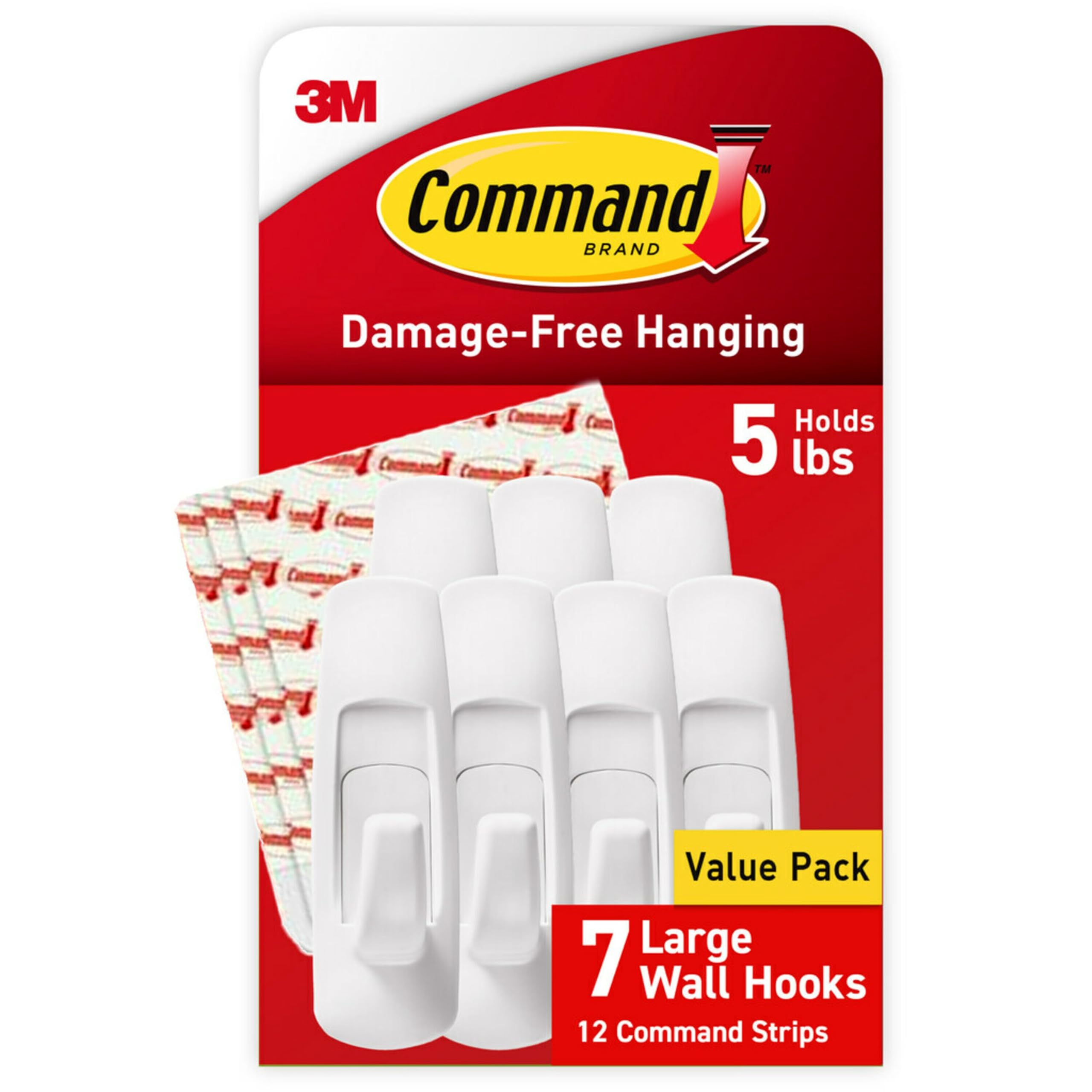 Hooks Large Utility Damage Free Hanging, Sticky Hook and Adhesive Strips Pack, No Tools for Multi Purpose Hanging, 7 White Heavy Duty Hooks and 12 Strips