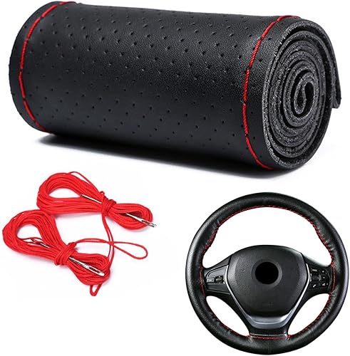 Miniatura 10 de DEEYOTA Funda para volante de automóvil, ajuste universal, punto redondo, funda fina de piel sintética cosida en volante de automóvil de 15 pulgadas