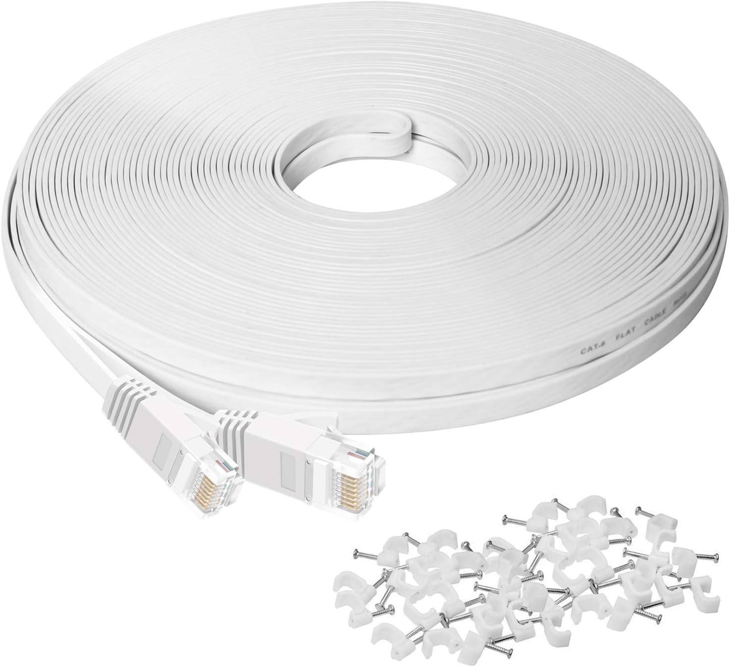 DEEGO Ethernet Cable 100 ft, Cat6 Flat Internet Cable,Extra Long LAN Network Cable Patch Cord with Clips with Snagless Rj45 Connectors, Slim High Speed Computer Wire, Faster Than Cat5 5e Cables,White