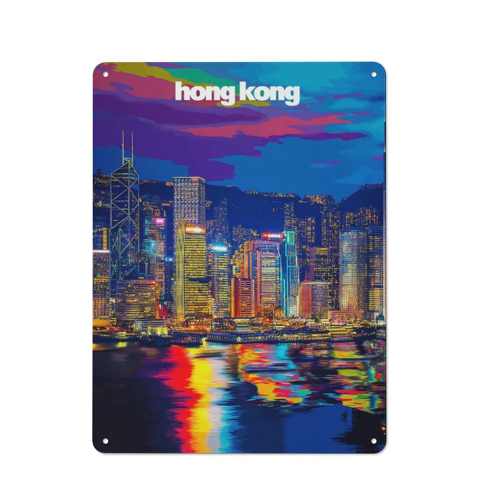 Junmoney Vibrant Hong Kong Nightscape -4 Vintage Bistro Metal Sign 40X30cm, Bistro Wall Plaque For Takeaway, Bar, Kitchen Or Counter Area