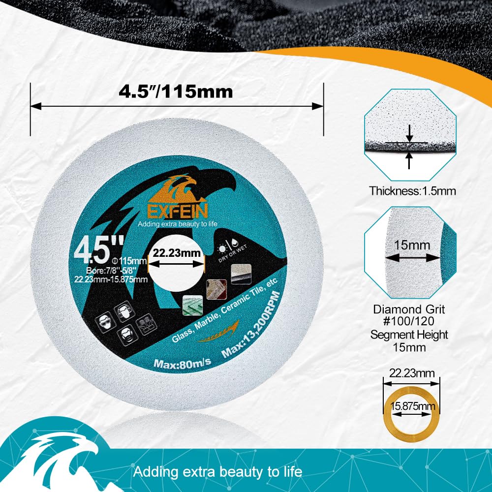 3 Dischi Diamantati 115mm Per Taglio Vetro - Per Giada, Cristallo, Ceramica, Marmo - Foro 22.23mm