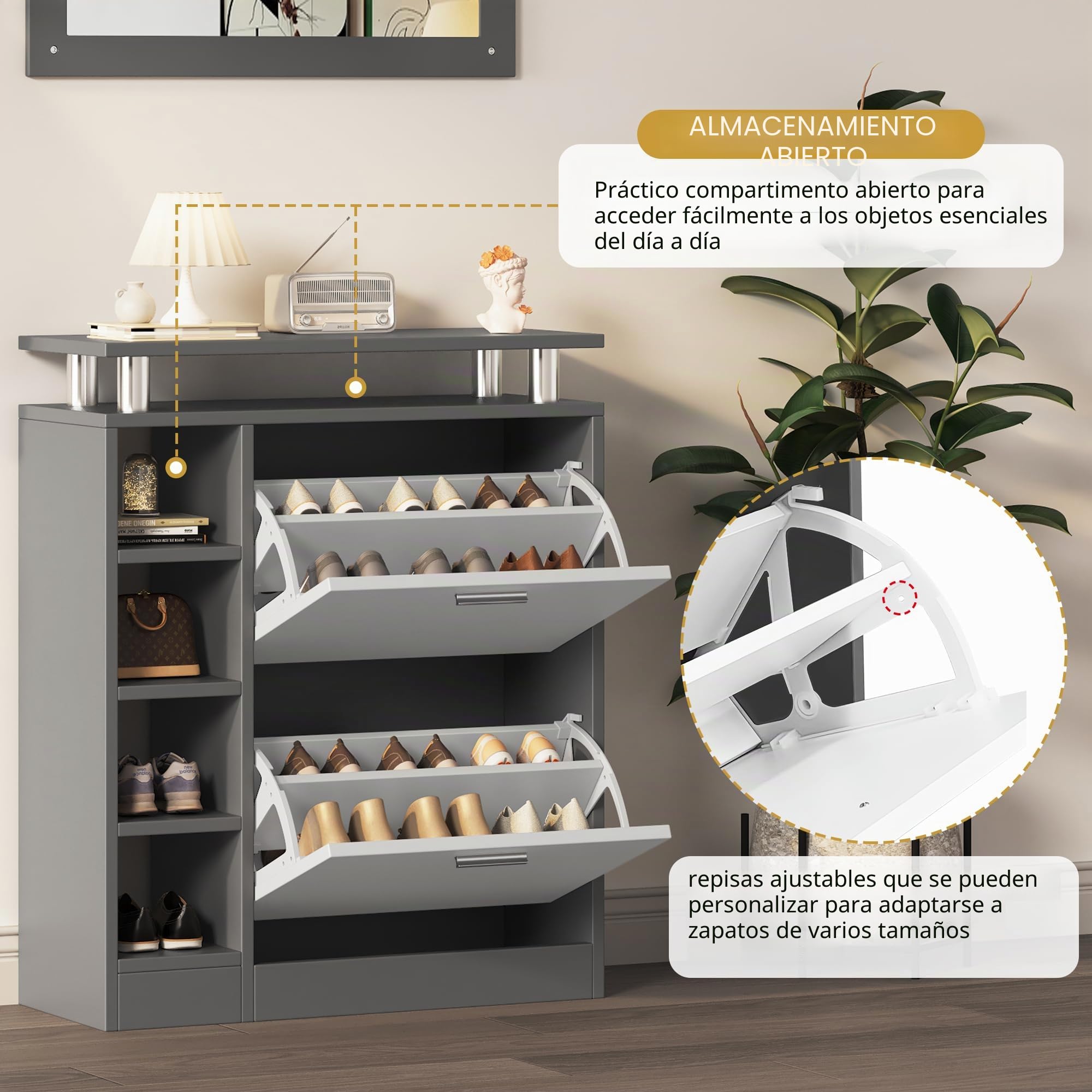 Lexiou Juego de perchero de pared, 80 x 25 x 96,5 cm, incluye espejo, 2 paneles de pared, una estantería y un zapatero, cuerpo gris antracita mate, muebles de pasillo