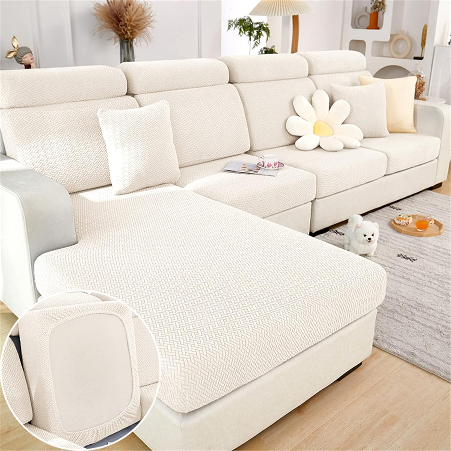 MIFXIN Couch Cushion Covers Sofa Cover Magic Sofa Cover Stretch Universal Elastic L Shape Sofa Sectional Cushion Slipcover Chaise Lounge Furniture Protector (Weave White, Chaise Cover)