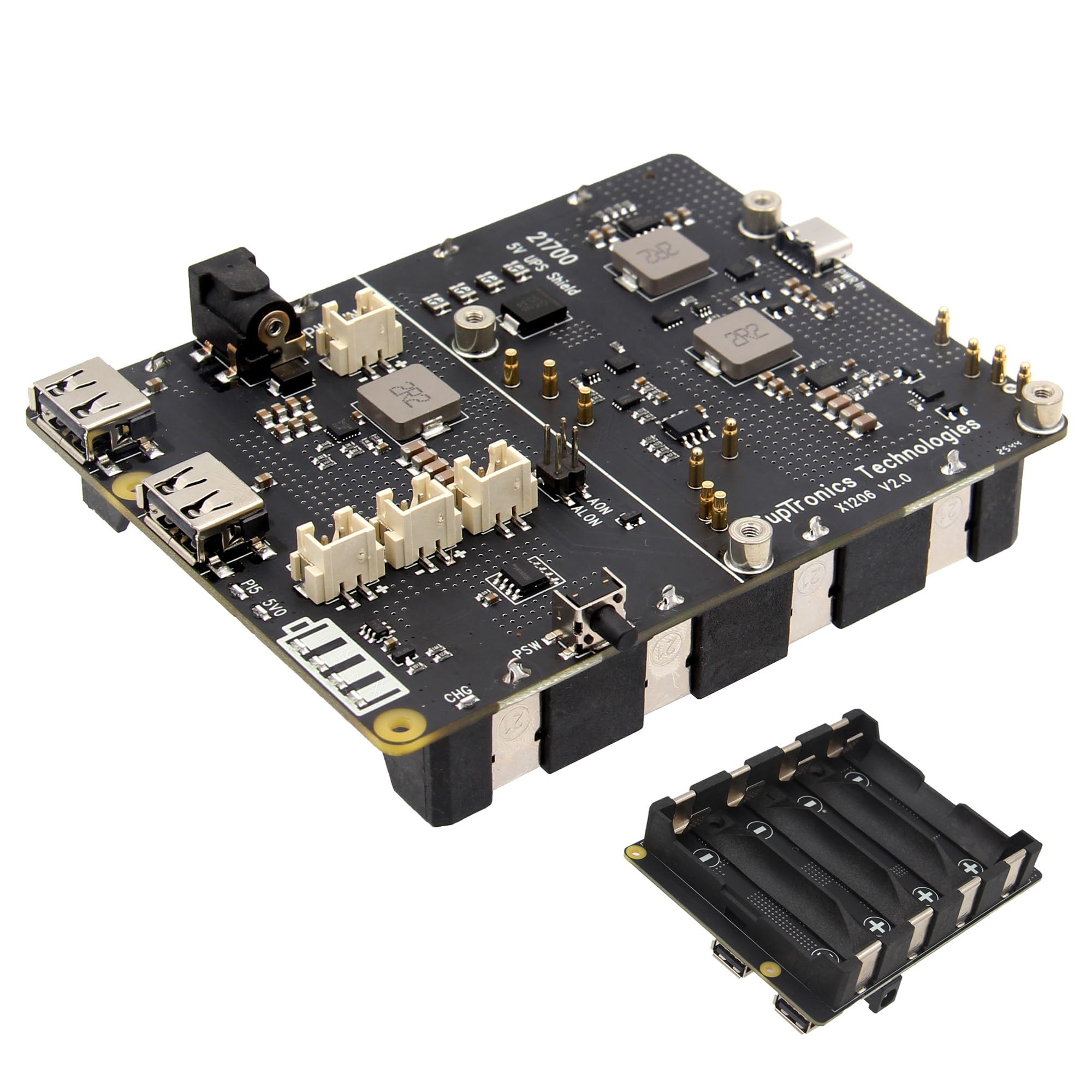 Geekworm X1206 UPS Shiled for Raspberry Pi 5, 4-Cell Bat Holder | 5V 5A Output | 5V Or 9-18V Wide Voltage Input | Auto Power on | Safe Shutdown|Power Loss Detection